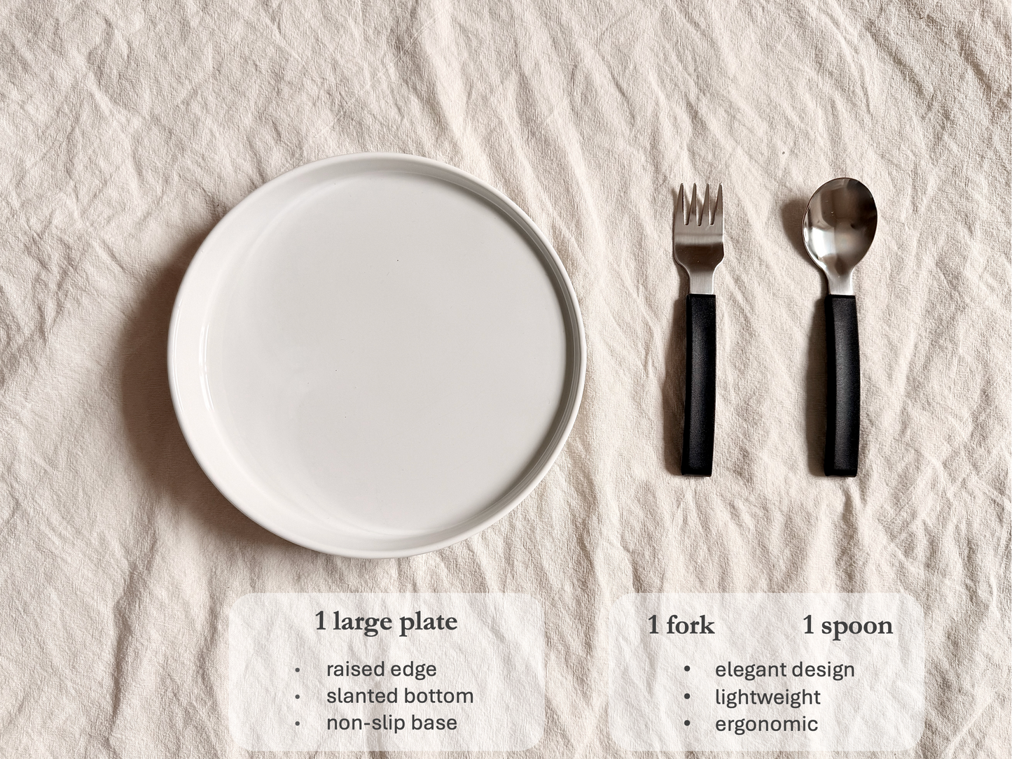 White plate with black-handled fork and spoon on a textured white surface